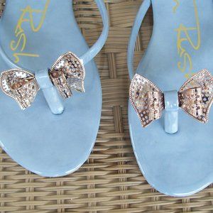 Modern Rush Women's Size 8 Flat Embellished Gold Metal Bow Sandals